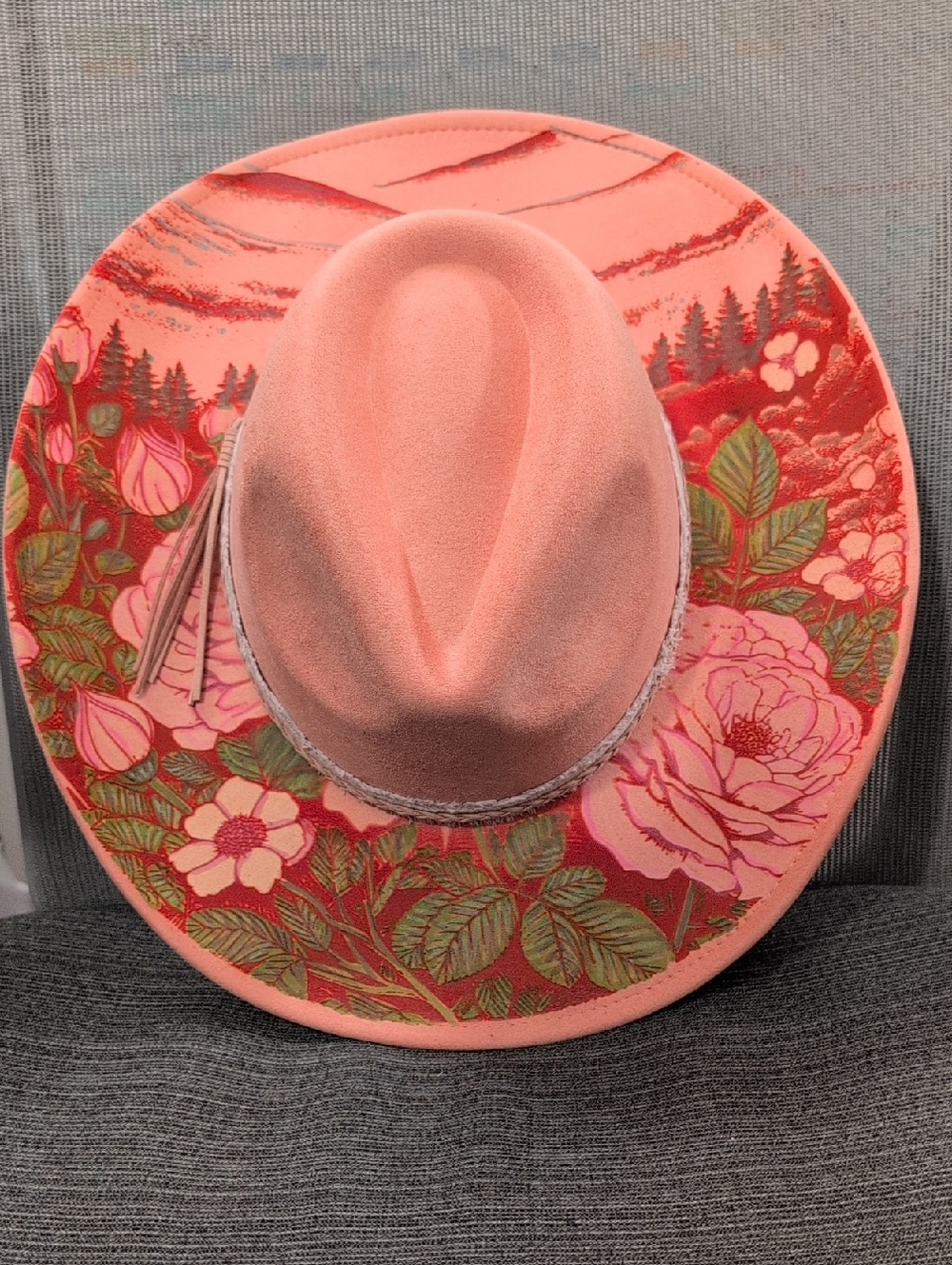 Burned & Hand Painted Boho Wide Brim Hat Floral Western Artisan